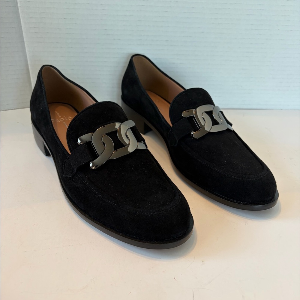 Linea Paolo women’s Melise Black suede Chain Loafers size 9